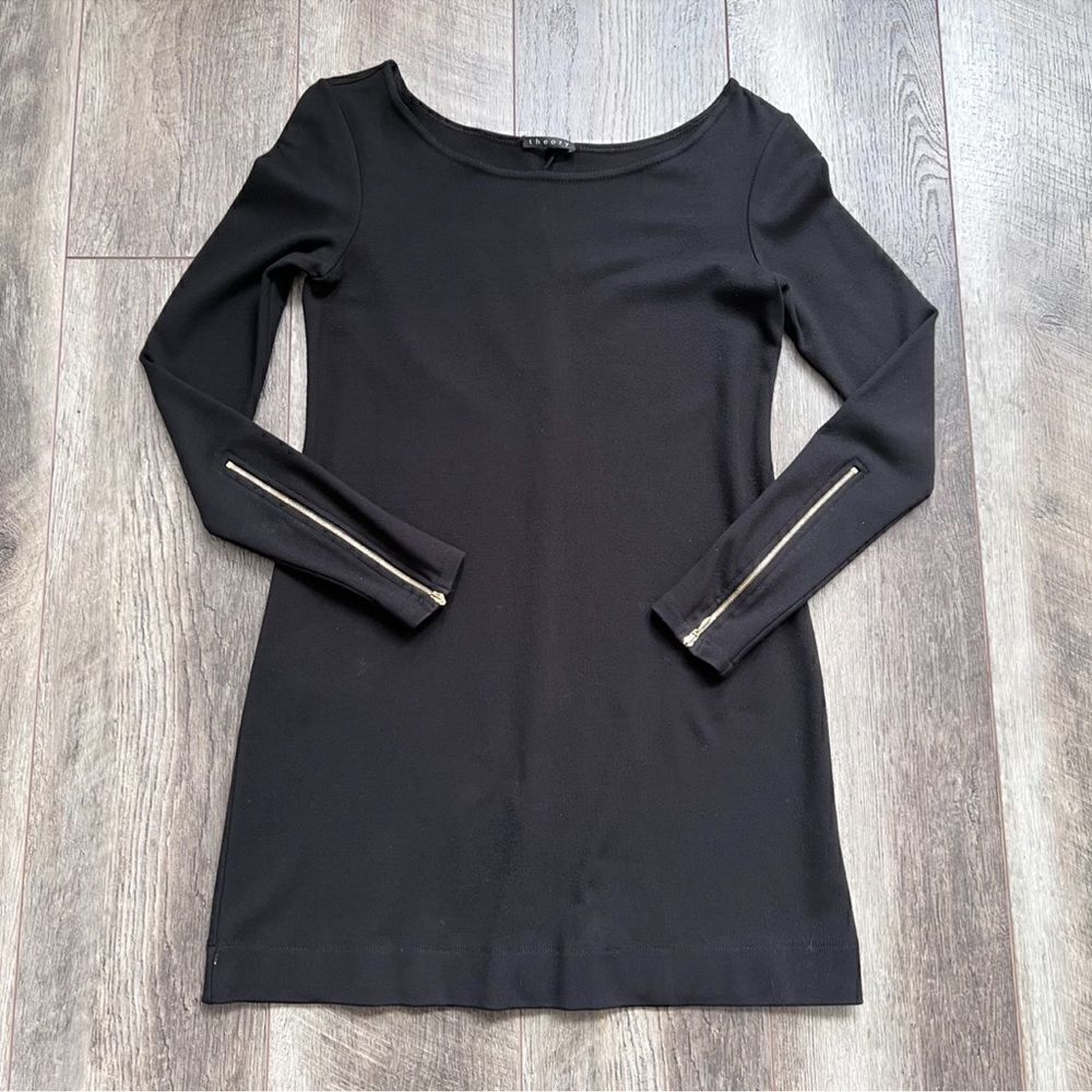 Theory Little Black Dress Stretch Knit Scoop Neck Long Sleeves with Zippers